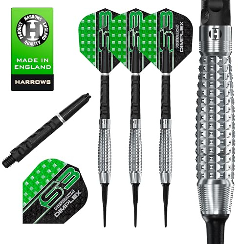 Harrows Dimplex Bomb Darts Set I Professionelle Dartpfeile, 90% Wolfram, weiche Spitze ALLE Gewichte Pro Darts, 10-teiliges Set mit schwarzen Dimplex Midi-Schäften
