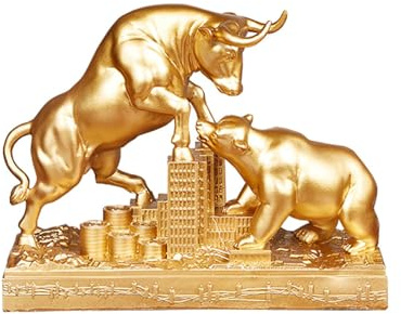 Gaxcent Wall Street Bulle Und Bär Figuren Harz Statue- deko Figur FüR buro deko- Börsenliebhaber Bull Bear Schlacht Harz Statue,Gold