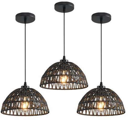 3 Pack Woven Pendant Light Fixtures,10.2 Black Rattan Pendant Lights Farmhouse Basket Light Fixture Adjustable Boho Hanging Lamp for Kitchen Island Bedroom Dining Room Foyer Hallway
