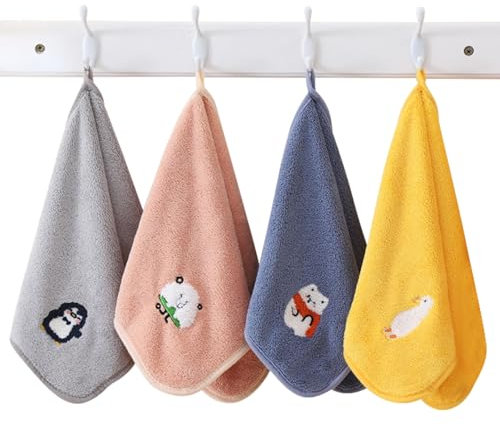 Cretvestsar Kinderhandtücher, Korallfleece, 25x50cm, 4 Designs, 4 Stück, Weiche, Lustige Farben, für Kleinkinder Vorschulkinder