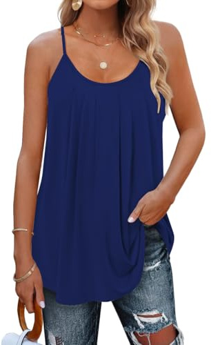 DUOEASE Debardeur Femme Chic et élégant Spaghetti Col Rond Top Femme Ete 2025 avec Plissées Bleufoncé-L