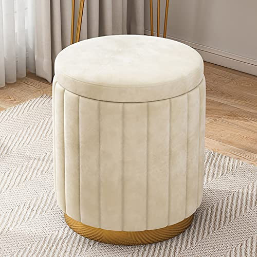 Runder Samt-Ottomane mit goldfarbenem Boden, großes Fassungsvermögen, gepolsterte Fußstütze, Hocker für Wohnzimmer, Schlafzimmer, Beige