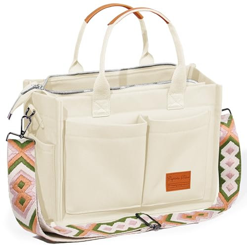 Captain Blues Canvas Tasche Damen, große Tote Bag, Arbeitstasche Damen, Handtasche Umhängetasche Schultertasche mit Fächern für Uni, Schule, Shopper (New Upgrade Plus Beige)