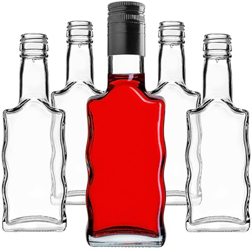 KADAX 5er Set Glasflaschen 200ml mit Schraubverschluss Schwarz, Lang – Leere kleine Flaschen zum Befüllen für Likör, Schnaps, Öl, Essig & Sirup, Glass Bottles, Refillable