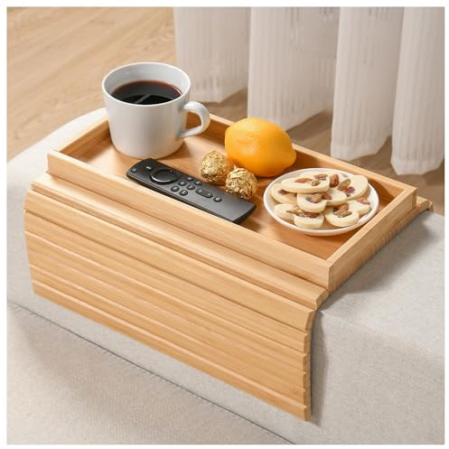 WGNIVOROUS Natural Bamboo Sofa Arm Tray, Armchair Tray, Adjustable Sofa Support, Sofa Side Table for Remote Control, Drink, Snacks, Magazine