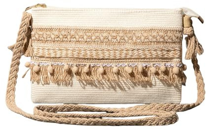 AZMINI Strohtasche Damen Damen Strohstrandtasche Sommer Strohbodage Tasche Mit Zipper Beach Bag Handgefertigt Gewebte Quasten -Wall -umhängetasche-weiß