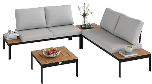Outsunny Set Salotto da Giardino da 4 Pezzi, con 2 Divanetto da Esterno a 2 Posti e 2 Tavolini da Caffè Quadrati in Legno e Cuscini Sfoderabili, Set di Mobili in Metallo e Legno Composito, Teak