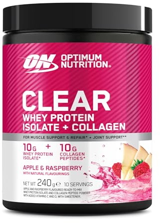 Optimum Nutrition Clear Whey + Collagen, Smak av Äpple & Hallon, 10 g Vassleisolat och 10 g Kollagenpeptider per Portion, Klar Proteindryck för Leder*, 240 g, 10 Portioner