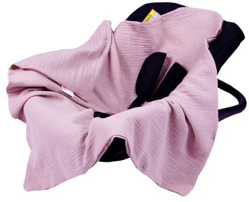 Babylux Einschlagdecke für Babyschale Autositz 80x80 cm – Sommer Babydecke aus Musselin Baumwolle – Atmungsaktiv, mit Gurtschlitzen (Rosa)