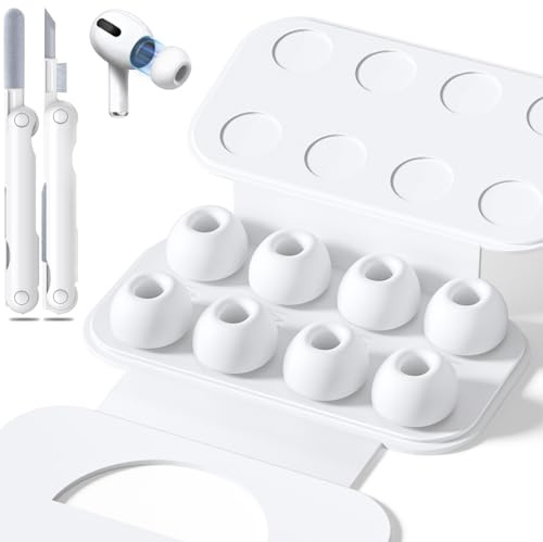 4 Pairs Replacement Ear Tips for AirPods Pro 1/2 with Hole for Noise Reduction, Silicone Earplugs for AirPods Pro with Cleaning Set & Portable Storage Box, (Medium Size) White