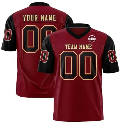 Maillot de Football Américain Personnalisable pour Hommes Femmes Jeunes Préscolaires Manches Courtes à Séchage Rapide Jerseys avec Logo Nom et Numéro de l'équipe Vin Rouge
