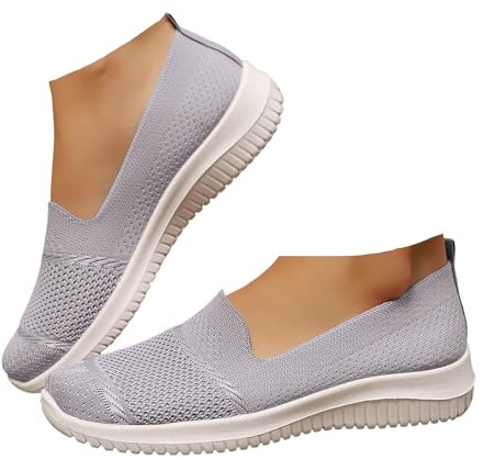 Xbemkste Damballerinaskor, andningsaktiva, stickade nätslip-on, promenadskor, runt tåparti, fritid, platta skor, lätta sommarskor för kontor, vardag, GRÅ, 39 EU