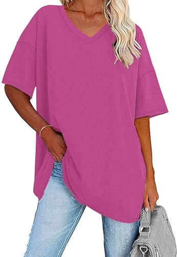 WNEEDU Camiseta de verano para mujer, talla grande, manga corta, cuello en V, parte superior informal, fucsia, M