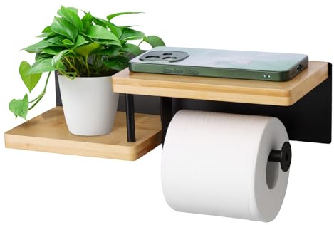 Gelewuld® Toilettenpapierhalter Mit Ablage, Klopapierhalter ohne Bohren aus Stahl&Bambus, Klorollenhalter Holz Schwarz für Küche und Badzimmer, Toilettenpapierhalter Montage durch Bohren oder Kleben