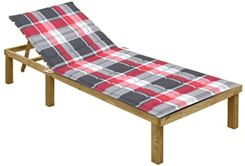 Frdhee Sonnenliegen Relaxsessel Strandliege,Sonnenliege mit Roter Karomuster Auflage Kiefer Imprägniert,Für Strand Garten Terrasse Pool Camping Outdoor Indoor