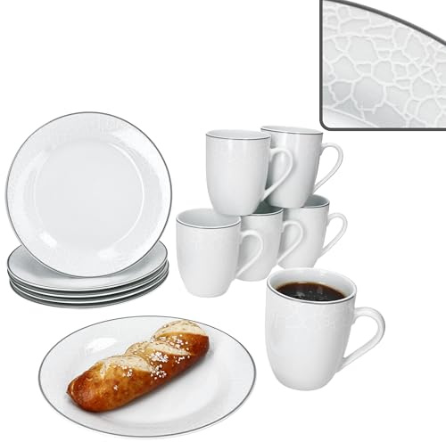MamboCat Venedig 12tlg Frühstücksset I weißes Porzellan Geschirr mit Relief in Kieselstein-Optik & grauer Linie I je 6x Kuchenteller & 6x Kaffeebecher 300 ml I Frühstücks- & Kaffeezeit
