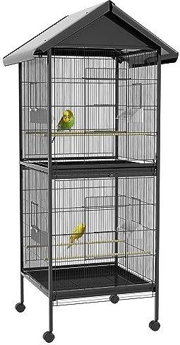 PawHut Voliera per Uccelli a Rotelle con Vassoi Estraibili in Plastica e Posatoi, Gabbia per Canarini in Metallo, 168 cm, Nero