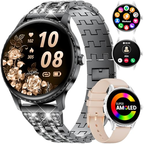FitVigor Smartwatch Damen - Luxus-Metallarmband mit Strass/1.32 HD AMOLED Display/270+ Zifferblätter, Fitnessuhr mit 110+ Sportmodi,Schlaftracking,Telefonfunktion,Uhr für iOS Android,Schwarz