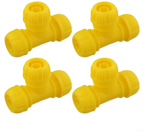 Confezione da 4 connettori a T per tubo da giardino, 1, 3/4, 1/2, splitter rapido per tubo dell'acqua, deviatore a prova di perdite con flusso a 3 vie, giallo (1/2)