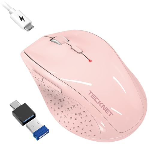 TECKNET PRO Wireless Mouse Jiggler, Rechargeable 6400 DPI Adjustable, Pink | 2.4G Ergonomic Silent Mouse, USB to USB C Adapter, Type-C Charging & Auto-Sleep, Compatible with Windows/Mac/Chrome OS