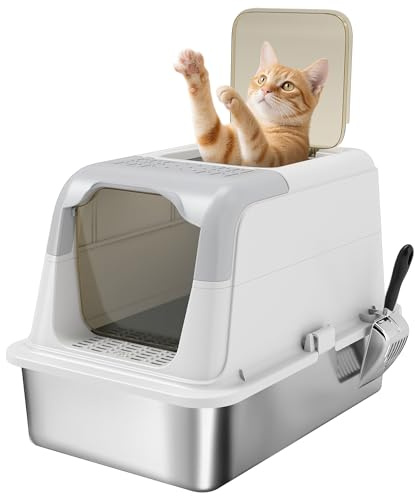 PawHut Maison de Toilette pour Chat 60,4 x 40,4 x 41,8 cm Blanc et Gris | Bac à Litière Fermé en Acier Inoxydable, Anti-Traces et Anti-Fuites, Nettoyage Simplifié, pour Grand Chat, Supporte 7 kg