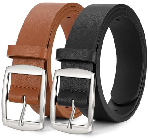 WERFORU 2 Pack Women Leather Belts for Jeans Pants Fashion Leather Belts for Women Waistband with Gold Pin Buckle,Black/Brown