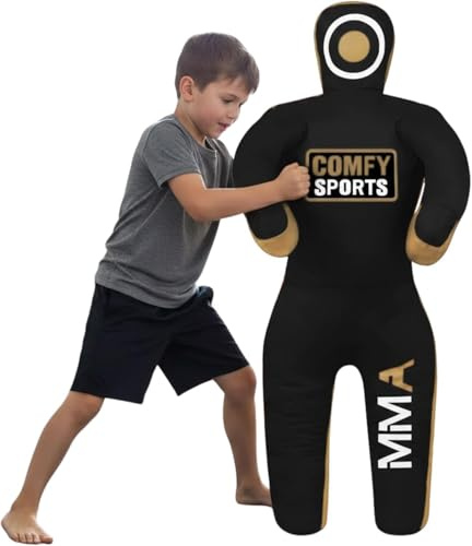 Bekväm MMA brottning barndummy, för judo, brottning, brasiliansk Jiu jitsu, inlämning och kastande stående position kampsport boxning karate träningsdummy (47 tum/4 fot) (svart/guld)