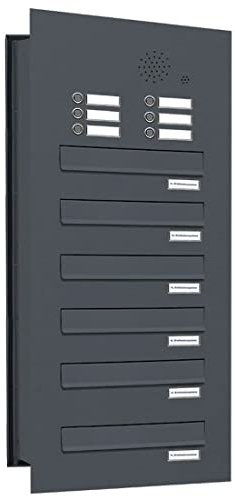 AL Briefkastensysteme 6 er Briefkasten Mauerdurchwurf in Anthrazitgrau RAL 7016 mit Klingel, 6 Fach DIN A4, wetterfeste Premium Briefkastenanlage Postkasten