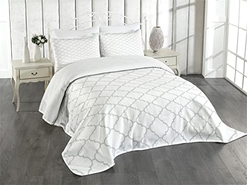 ABAKUHAUS Grau Tagesdecke Set, Monochrome-Damast-Muster, Set mit Kissenbezügen Kein verblassen, für Doppelbetten 264 x 220 cm,Weiß Grau