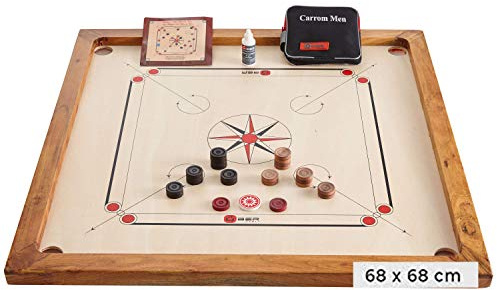 Ubergames Carrom Set compatto da 4 kg – Carrom Board 68 x 68 – Top ECO-legno duro di qualità – Set completo con dischi ufficiali Striker