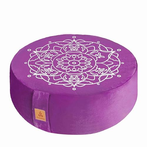 Round Velvet Meditation Pillow Embroidery D=13/16 H=5.5 Yoga Bolster Floor Pouf Zafu Buckwheat Meditation Cushion Sitting on Floor Removable Organic Cotton Cover Kneeling Pillow (Purple)