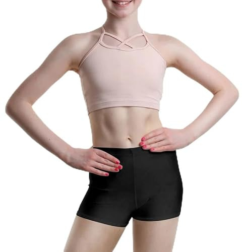 BODYWEAR LTD - Short en nylon brillant pour fille - Taille haute - Uni - Extensible - Coupe confortable - Parfait pour le yoga, le ballet, la gymnastique, l'école, les vêtements de sport, Noir , 13-14