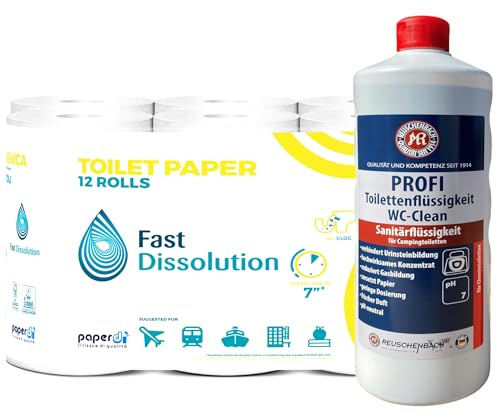 Camping Toilettenpapier (12 Rollen, selbstauflösend) + Reuschenbach Sanitärflüssigkeit (1L) – Praktisches Camping Toiletten Set für Wohnmobil, Caravan & Outdoor