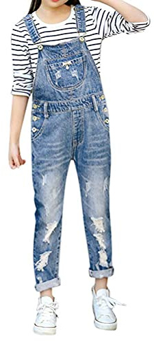 Minetom Ragazza Denim Salopette Pantaloni Tuta Lunga Jumpsuit Overall Salopette Bambini Tasche Jeans Tuta D Blu 160
