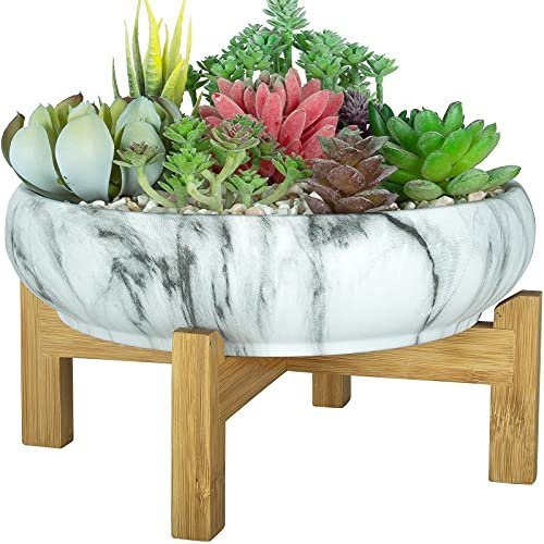 ARTKETTY Succulent Plant Pot, 25.5 CM Large Bonsai Pots with Drainage Stand, Shallow Marble Cactus Plant Pot Ceramic Pots for Indoor/Outdoor Succulent Plants Decorative Garden Flower Plant Bowl