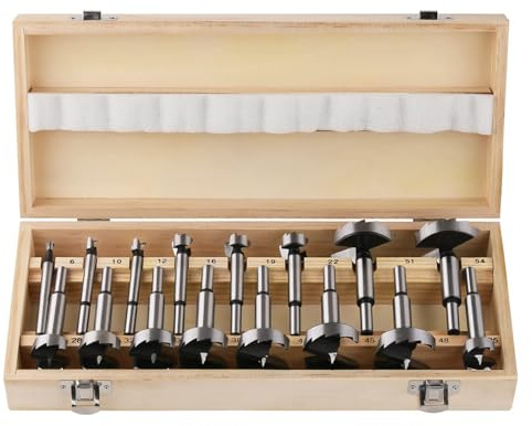 Vearter Forstner - Set di punte per trapano, 16 pezzi, 6-54 mm, in acciaio al carbonio, per lavorazione del legno, per sega a tazza, con cerniera, punte per trapano…
