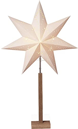 EGLO Tischlampe mit Weihnachtsstern Deko-Stern | beleuchtet aus Papier mit Holz-Sockel, 3D Fenster-Leuchtstern stehend in Weiß mit Kabel, E14