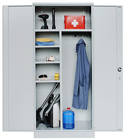 Schrank & Stuhl Mehrzweckschrank | Besenschrank | Spindschrank mit Hakenleiste und 6 Fächern, 195x92x42, komplett montiert, Grau