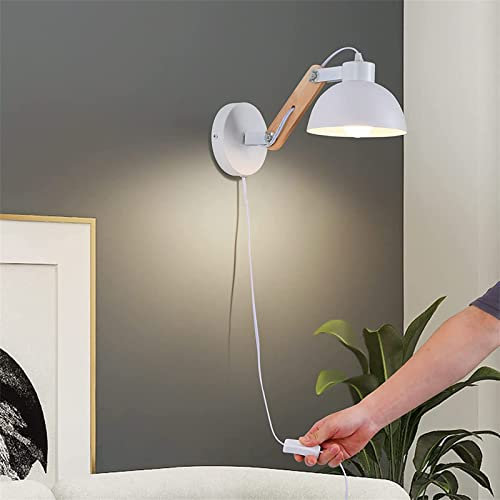 Holz Vintage Innen Wandlampen mit Schalter und Stecker Wandleuchte Industrielle Einstellbare Langen Arm Weiß Wandstrahler mit Einstellbar Kopf, 180° Drehen E27 Nachttisch Schlafzimmer Wandspots