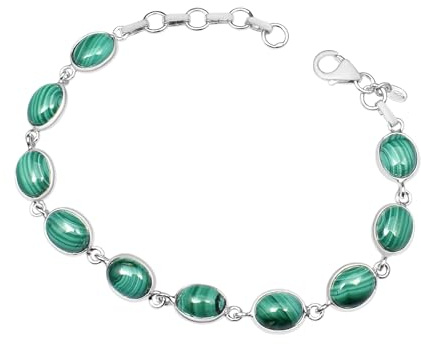 Silver Palace Pulsera de eslabones de plata de ley 925 con piedras preciosas de malaquita natural, joyería para mujer, tamaño de 7 a 8 pulgadas, 20,32 cm , Plata Esterlina, malaquita