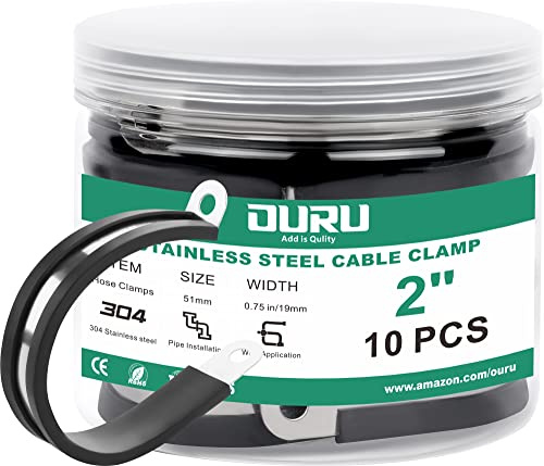 OURU 10pcs 2 Inch Stainless Steel Cable Clamps,Rubber Coated Cushioned Insulated Cable Clamp,Automotive Cable Wire Clamps,Pipe Clamps,Metal Clamp for Tube,Lines,Wire Cord Installation(Black,51mm)