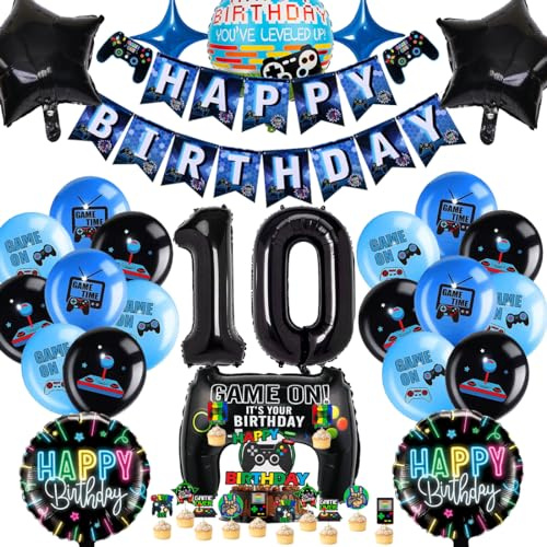 Videospiel Geburtstagsdeko 10 Jahre, Geburtstag 10. Junge Spiel,Gamer Party geburtstag Deko Set, XXL Gaming Controller Folienballons Set mit Banner Cake Topper，für Junge Geburtstag Spielthemen Party
