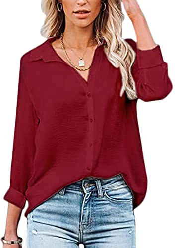 Baynetin Camicia Donna Manica Lunga/Corte Blusa con Scollo a V Bottoni Elegante Casual Curvy da Lavoro Facile Ferro Stiro Business Tops Shirt (Vino Rosso, XL)