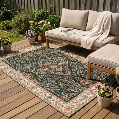 FRAAI | Home & Living Tapis d'extérieur Vintage - Santo Flora Vert Foncé - 80x150 cm - Tapis Exterieur Resistant Pluie - Rectangulaire - Terrasse, Jardin, Balcon