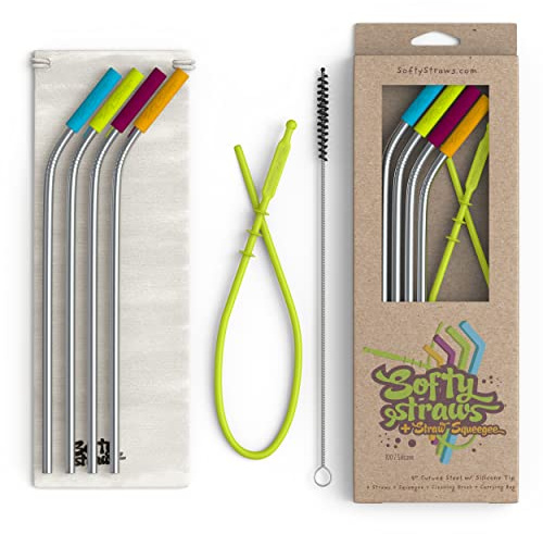 Softy Straws Premium Reusable Stainless Steel Drinking Straws With Silicone Tips + Patented Straw Cleaners and Carrying Case - 9” Long Metal With Curved Bend for 20/30/32oz Tumblers