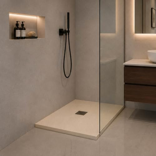 Yellowshop - Piatto doccia quadrato marmoresina 80x80 o 90x90 cm h 2,5 cm HEAVY Sabbia con sifone, piletta e copripiletta inox (Cm 80x80)