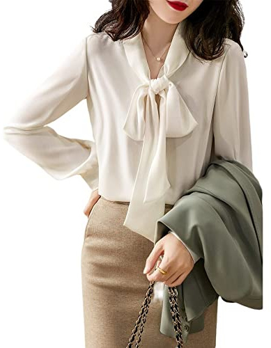 Camisa Básica Con Botones,Blusa De Gasa Para Mujer Corbata De Lazo Manga Larga Delantera Camisa Con Botones Confort Cuello En V Túnica Tops Blusa Elegante Camisas De Oficina Blusa De Trabajo Para Ni