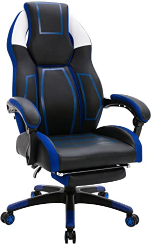 CLP Fauteuil De Bureau Gaming Clovis en Similicuir I Chaise Gamer Design Hauteur Réglable Pivotant I Repose-Pieds Téléscopique, Couleur:Noir/Bleu
