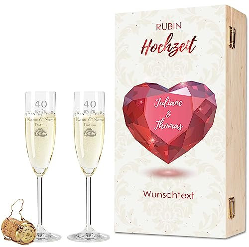 Leonardo Bicchieri da spumante con incisione – matrimonio rubino 40 anni – Personalizzati con nome e data con scatola di legno – regalo per matrimonio, fidanzamento, anniversario, colore: spumante