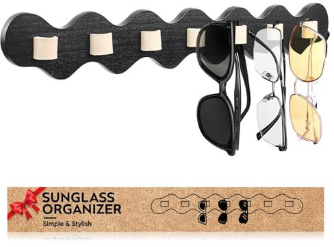 ONUEMP Sunglasses Organizer Wood, Wall Mounted Glasses Rack, Wooden Glasses Hanger, Glasses Storage Glasses Stand, Leather Glasses Holder for Hanging, Gifts for Women Men (Black)